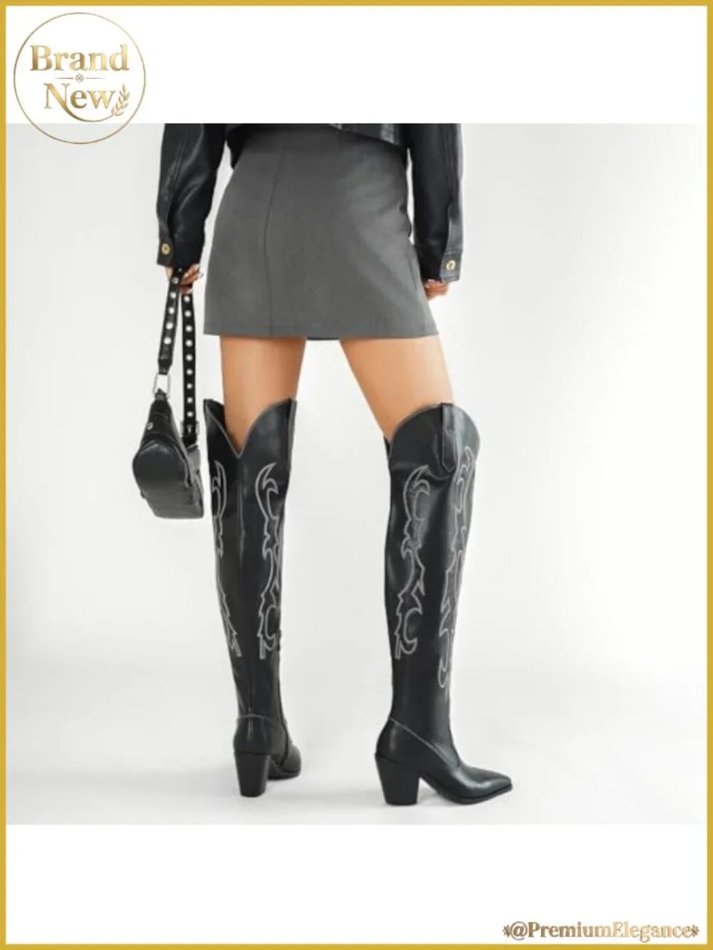 Embroidered Thigh High Cowboy Boots PU Leather Chunky Heel Over Knee